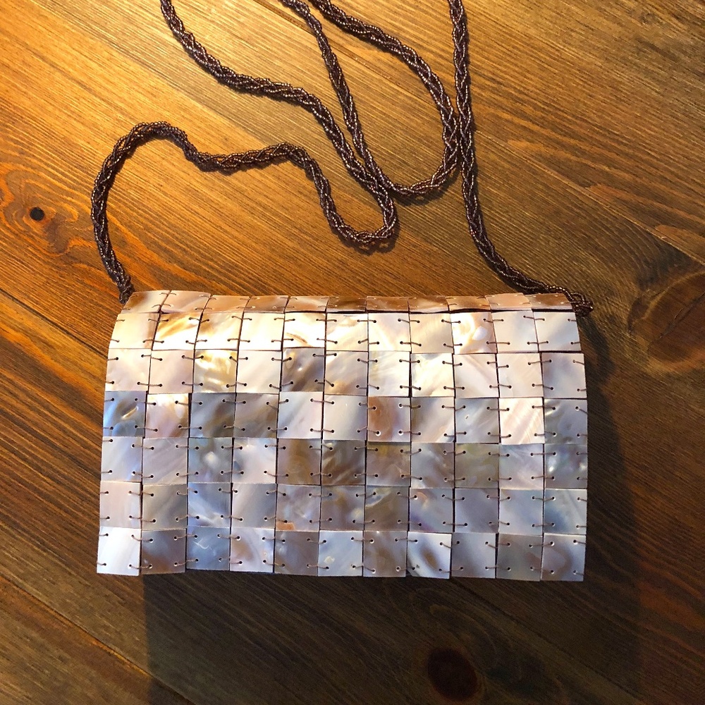 Bronze & Cream Shell Tiles Shoulder Beaded Strap Purse